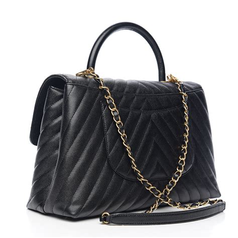 CHANEL Caviar Chevron Quilted Medium Coco Handle Flap 